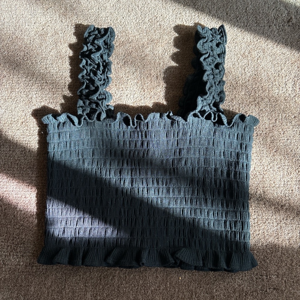 Reformation Black Smocked Crop Top with Ruffled Straps
